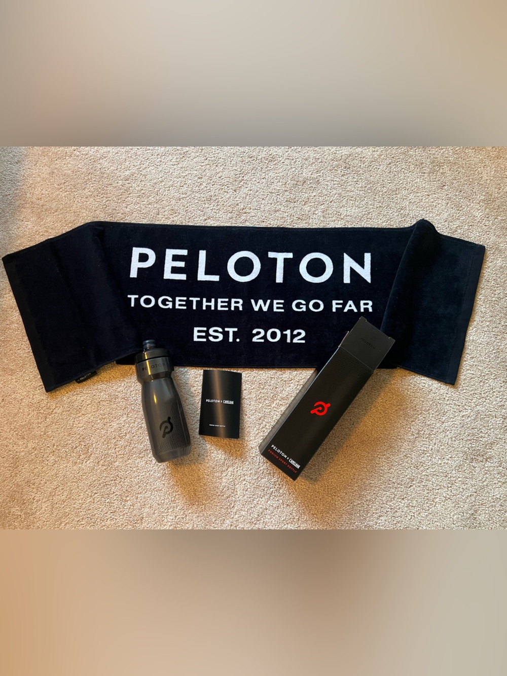 Peloton Black Towel and Gray Performance Water Bottle with Logo - NEVER USED!